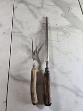 Vintage Stag Antler Handle Carving Set Meat Fork & Sharpening Steel Honing Rod picture