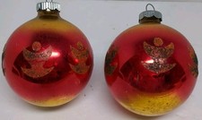 (2) VTG Mica Angels Shiny Brite Christmas Ornaments Red/Gold Ombre W/ BLK 2 5/8
