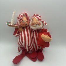 Annalee 1967 Santa & Mrs. Claus Red White Striped Fabric Christmas Figurines 6