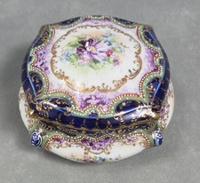Vintage COBALT FLORAL Ceramic HAND PAINTED Goldtone TRINKET BOX picture