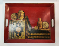 VTG RED METAL DECOUPAGE SERVING TRAY BOOKS VASES MADE IN FRANCE GRAND MILLENNIAL picture