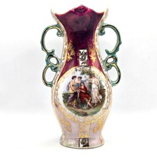 Antique 20s German Porcelain Double Handled Vase Classical Scene Gold Gilt 5.75