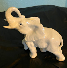 White Glazed Ceramic Elephant Figurine Statue, Raised Trunk  picture