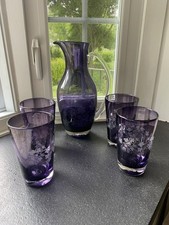 Vintage Etched Amethyst Pitcher With 4 Glasses picture