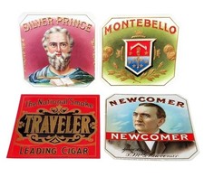 4 Antique Cigar Box Labels Embossed Gold Lithograph Newcomer Traveler Montebello picture