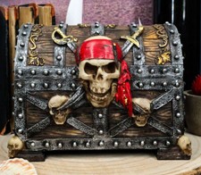 Large Caribbean Pirate Marauder Skull With Criss Cross Blades Treasure Chest Box picture