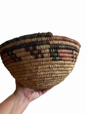 Hand Made Woven Bowl Natural Dyed Fiber Color Patten 11in/5in/5.5in Rustic Vtg picture
