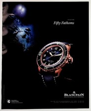 Blancpain Fifty Fathoms Watch Vintage Ad Print Black Ocean Sharks Diver picture