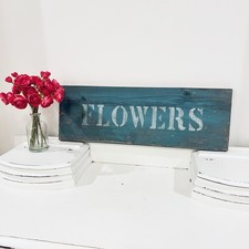 Vtg Flowers Reclaimed Wood Garden Sign Farmhouse Primitive Painted Blue Chippy picture