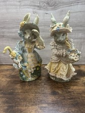 Vintage Victorian Bunny Rabbit Figurines Set of 2 Floral Resin Easter Decor picture