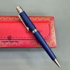 CARTIER Santos Blue Horizontal Stripe Ballpoint Pen Large Logo Silver Trim Rare picture