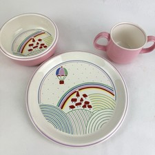 70s Mikasa Up And Away Pink Child's Plate Bowl Cup Set Stoneware Balloon 3 Pc picture
