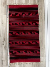 Vintage Handwoven Zapotec wool rug/blanket, black wave pattern, red background. picture