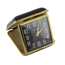 Vintage Bulova Folding Wind-Up Travel Alarm Clock Gold Tone Brown Case Working picture