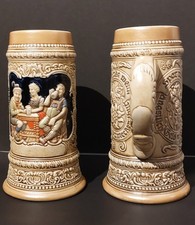 Vintage Ceramarte Brazil Beer Stein Set Of 2 German Tavern Scene Relief Mugs picture