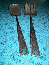Rare Old Pawn Navajo Silver Stamped Spoon Fork Serving Set - Turquoise - 10 1/4