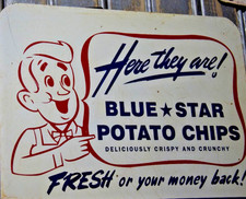 BLUE STAR POTATO CHIPS SIGN METAL PAINTED DISPLAY RACK TOPPER VINTAGE 1950s picture