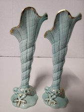 Pair RARE Vintage 1962 Napco Japan Tropic Sea Turquoise Shell Embossed Vases picture