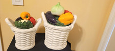Fitz & Floyd TWO CALYPSO Kitchen Canisters White Basket Vegetable Garden INTACT picture