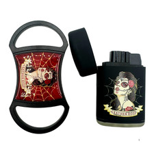 Drew Estate Leather Rose Sugar Skull Cigar Cutter & Lighter Bundle Set picture