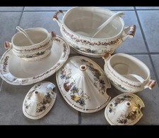 Vtg Porcelain Large Soup Serving Tureen w/Ladle & Platter Set picture