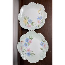 Vintage Hand Painted Porcelain Floral Cabinet Plates Scalloped Gold Trim set picture