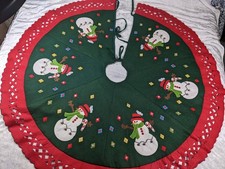 CHRISTMAS TREE SKIRT Hand Made 1970 Felt Snowman Applique 48” Bells Open Lace picture