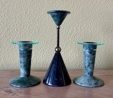 3 VTG MCM Post Modern Memphis Style Avant Garde Green Marble Candlestick Holders picture