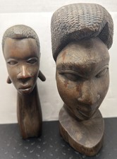 Vtg. African Hand Carved Wood Bust Sculptures Pair Matching Male Female MCM: 9A1 picture