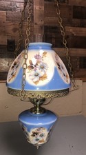 Vtg 60-70s Gone with the Wind Hurricane Hanging Swag Lamp Glass GWTW Blue Floral picture