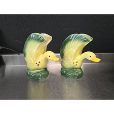 Vintage Pair of Yellow/Green Ceramic Duck Planters 5.5” picture