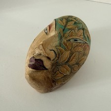 Vtg Signed Hand Carved Wood Face Mask Box Floral Folk Art Painted Trinket picture