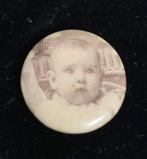 Antique Victorian Celluloid Photo Button Pin Buler's Gallery Effingham IL Baby  picture