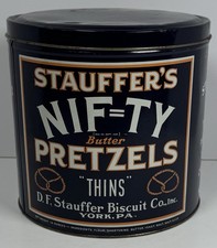 Vintage 1940’s Stauffer's NIF=TY Butter Pretzel Thins Tin Can York, PA Advertise picture