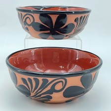 MEXICAN Clay Bowls Set of 2 Black Floral Terracotta Handmade Pottery NEW 6.5in picture