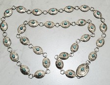 Native American Signed AM Sterling Silver Vintage Concho Belt Turquoise 40