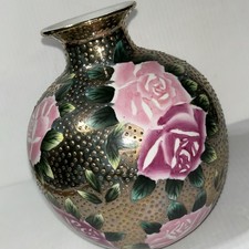 Vintage Moriage Style Porcelain Vase Pink Roses Gold Raised Bead 8 Inch picture