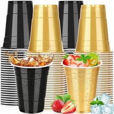 leeauszya 100 Pack 16 oz Black and Gold Cups, Heavy 100 Pack, & picture