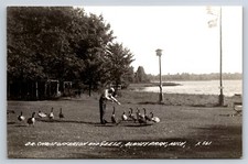 Postcard MI Dr Christofferson Feeding Geese Blaney Park Michigan RPPC c1940s AY7 picture