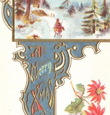 1913 A Merry Xmas Postcard Embossed Winter Scene Poinsettias Providence RI picture