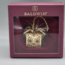 Vintage 1998 Baldwin Brass Gold Filigree Gift Box Christmas Ornament with Bow picture
