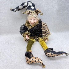 Vintage Harlequin Jester Doll 22 Inch Shelf Sitter Black Gold Polka Dot Bells picture