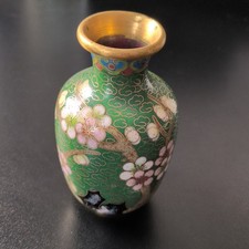 Chinese Cloisonne-Style Miniature Vase Green Enamel Plum Blossom Floral Gilt picture