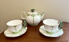 Aynsley Bone China Green Butterfly 600ml Teapot 2 Cups with Saucers Set England picture