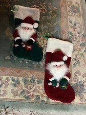 Vintage 3D Santa’s (2) . Green And Red 20” . Santa’s Holding Gift And Candy Cane picture