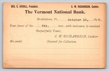 1898 Vermont National Bank Brattleboro VT Receipt Postcard Newfane Bank picture
