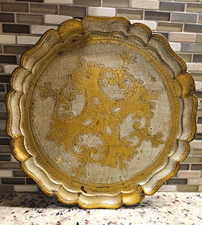 Vintage Italian Florentine  Serving Tray Round Gold Gilt & Cream Scalloped picture