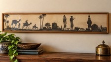 Vintage 1950s Holy Land Camel Caravan Silhouette Ink on Muslin Framed 53
