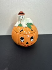 Vintage 80s Lefton Halloween Hand Painted Pumpkin & Ghost Candy Container *READ* picture