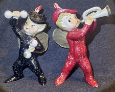 Vintage Sonco Japan Christmas Pixie Elf  Figurines Pair MCM Musical Red Black picture